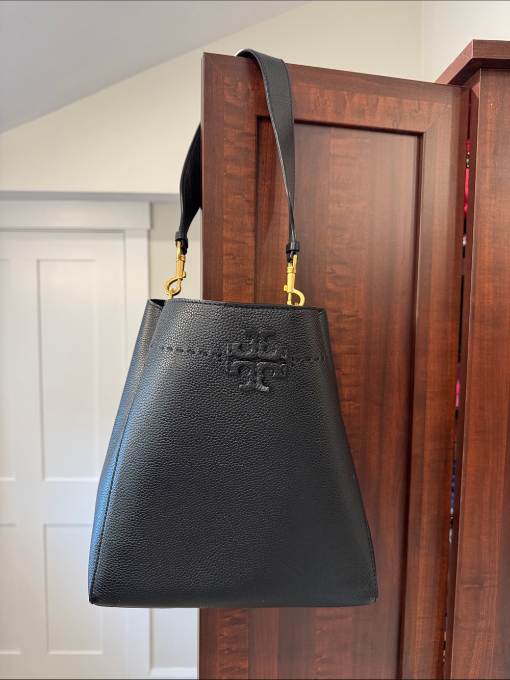 Tory Burch Black Pebbled Leather Shoulder Tote with Gold Hardware